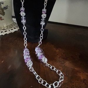 Vintage Napier silver tone necklace with purple and clear acrylic beads